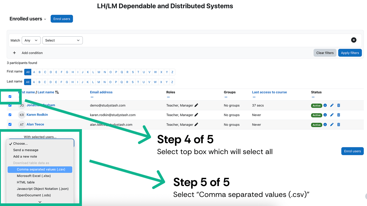 How do I export student data from Moodle into a CSV file? — screenshot