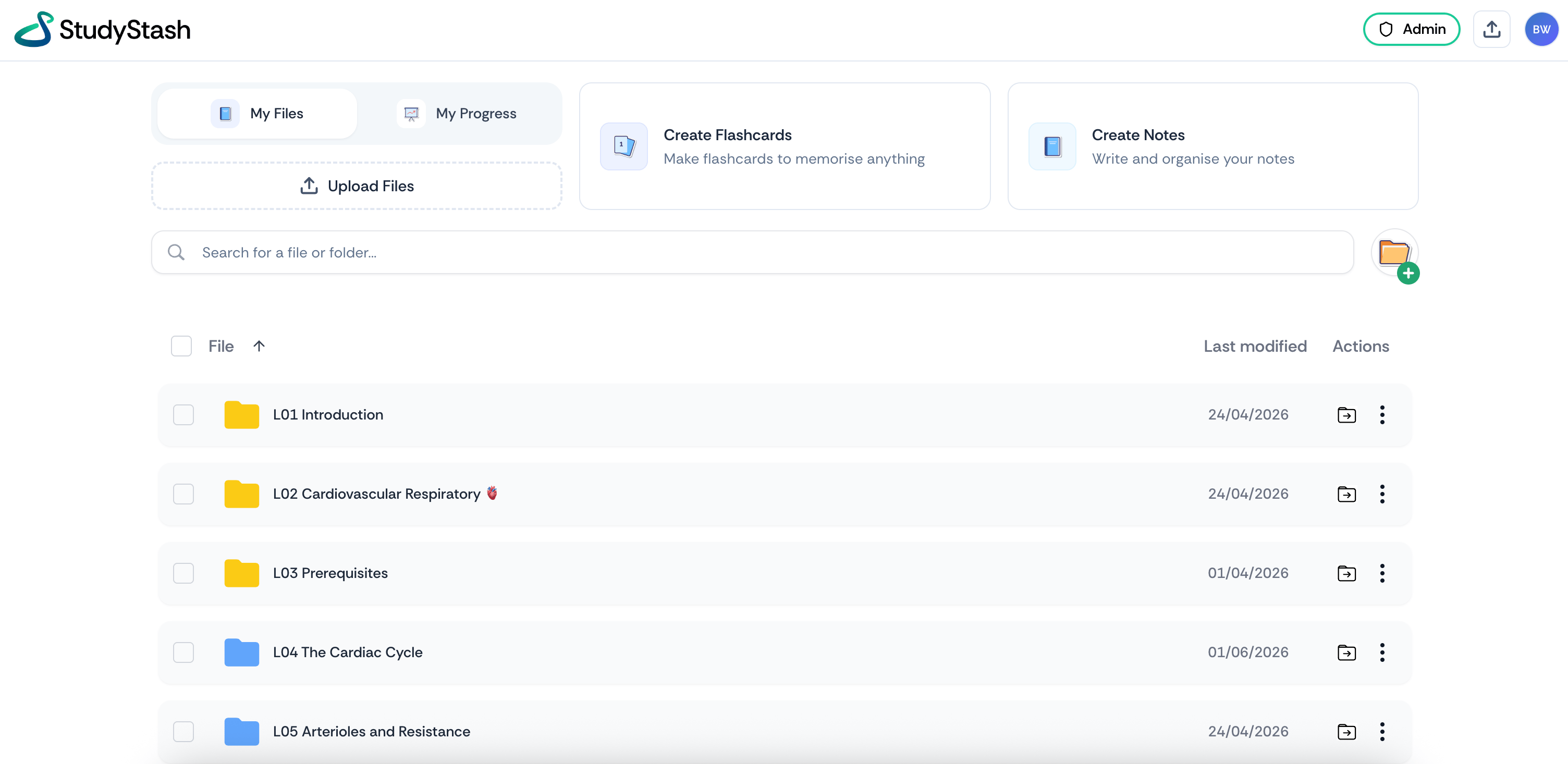 The "My Stash" home page, where students find their materials