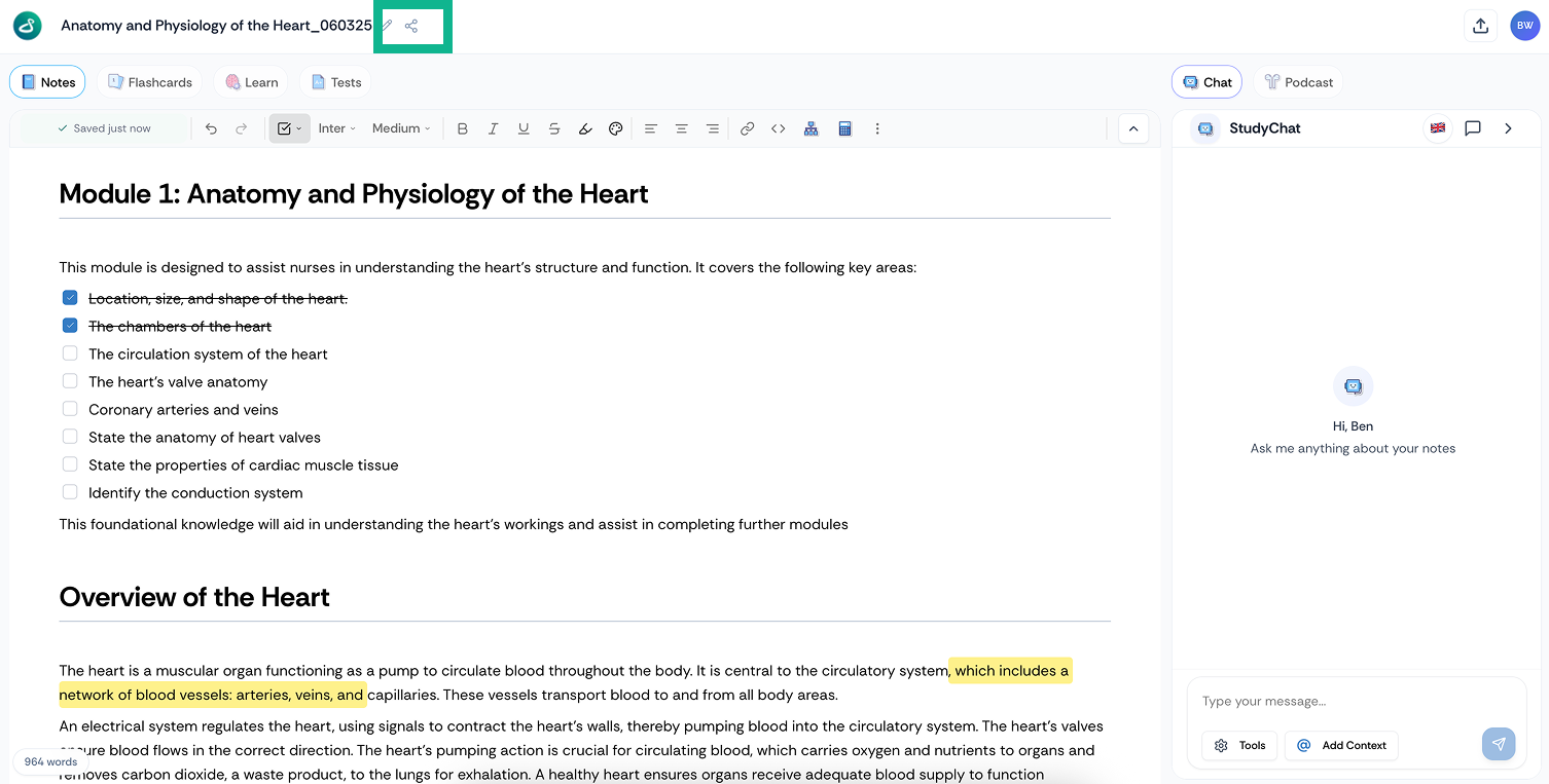 Or share from inside a study resource using the share icon at the top