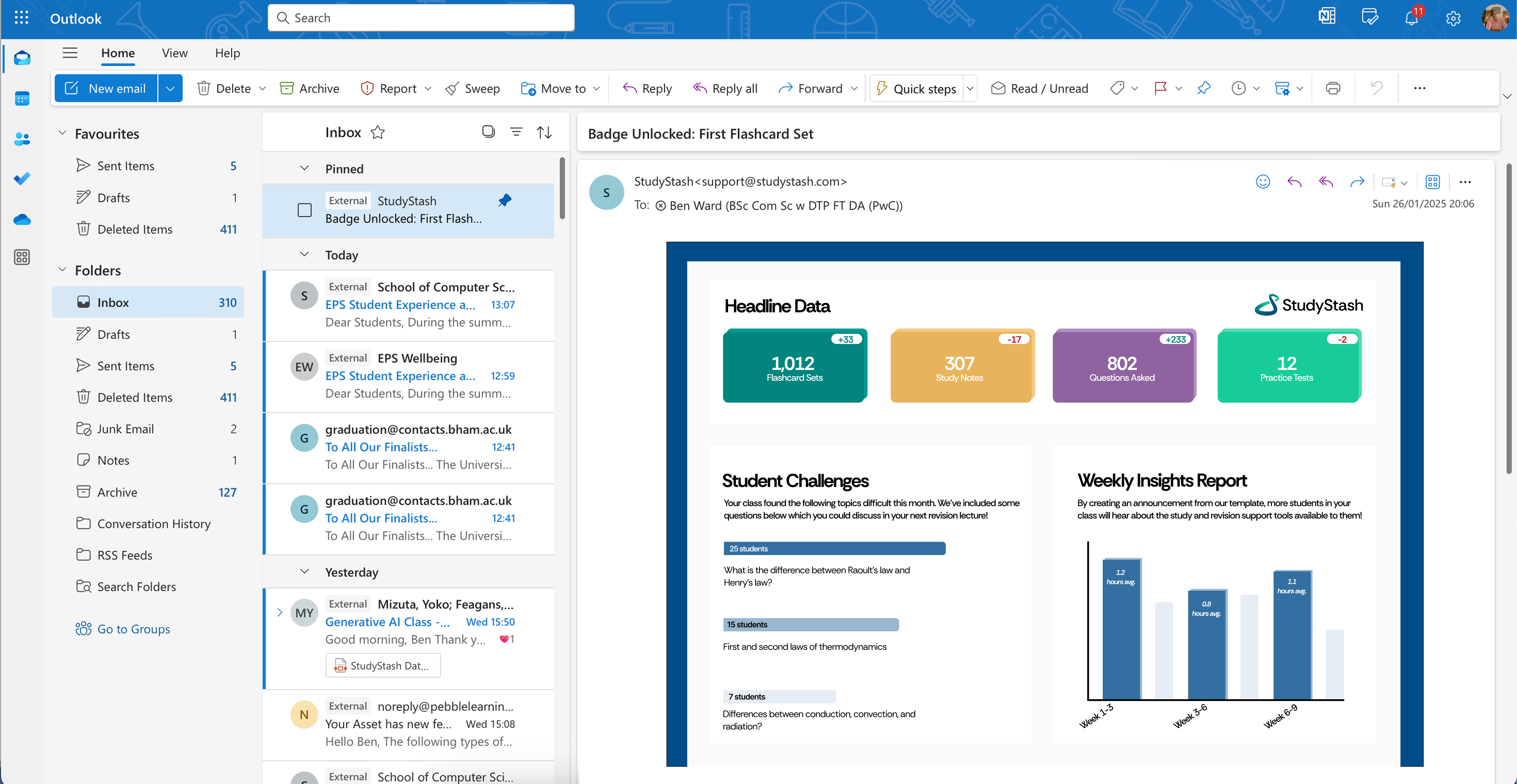 Example insight email from StudyStash (over Outlook)