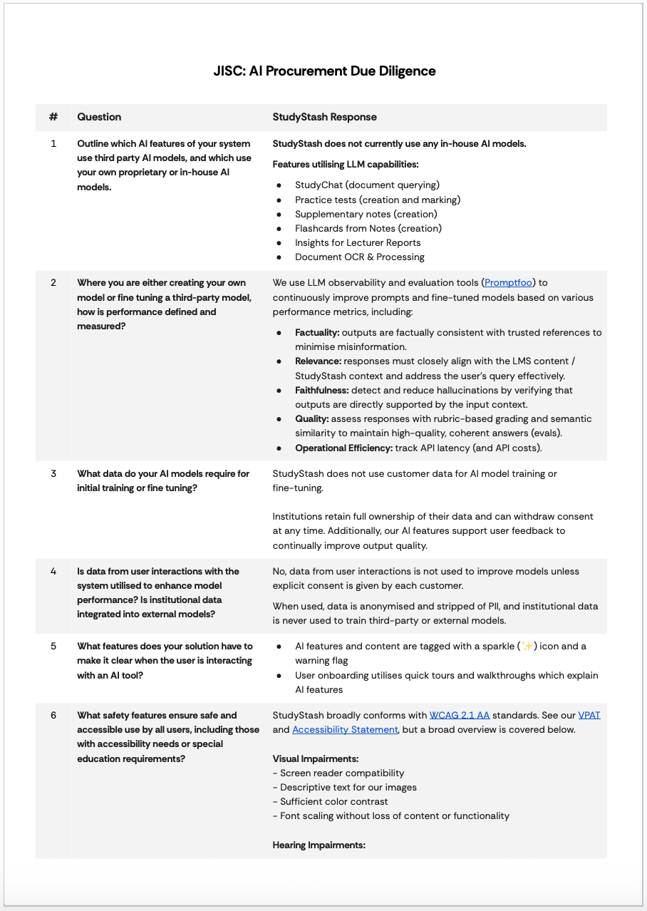 JISCs AI Procurement AI Due Diligence Document