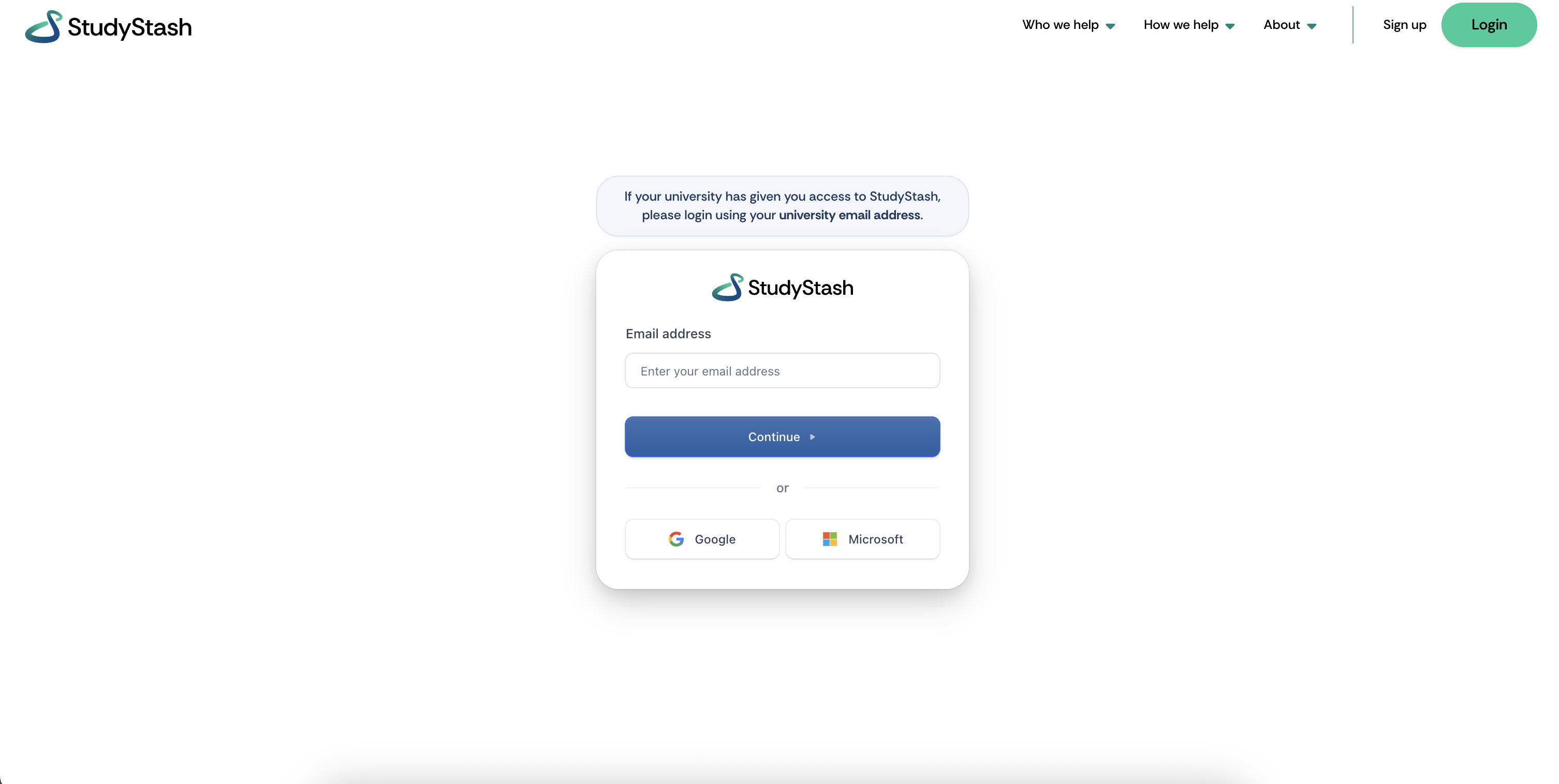 The StudyStash website with the Login option
