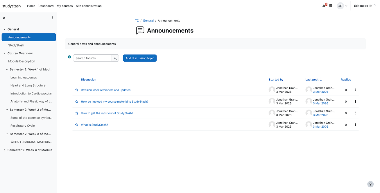 Example StudyStash announcements within Moodle LMS