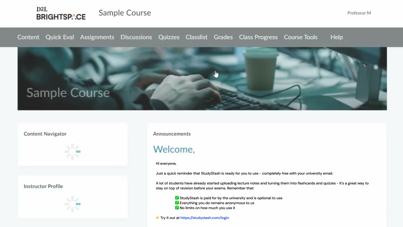 Example StudyStash announcements within D2L Brightspace 