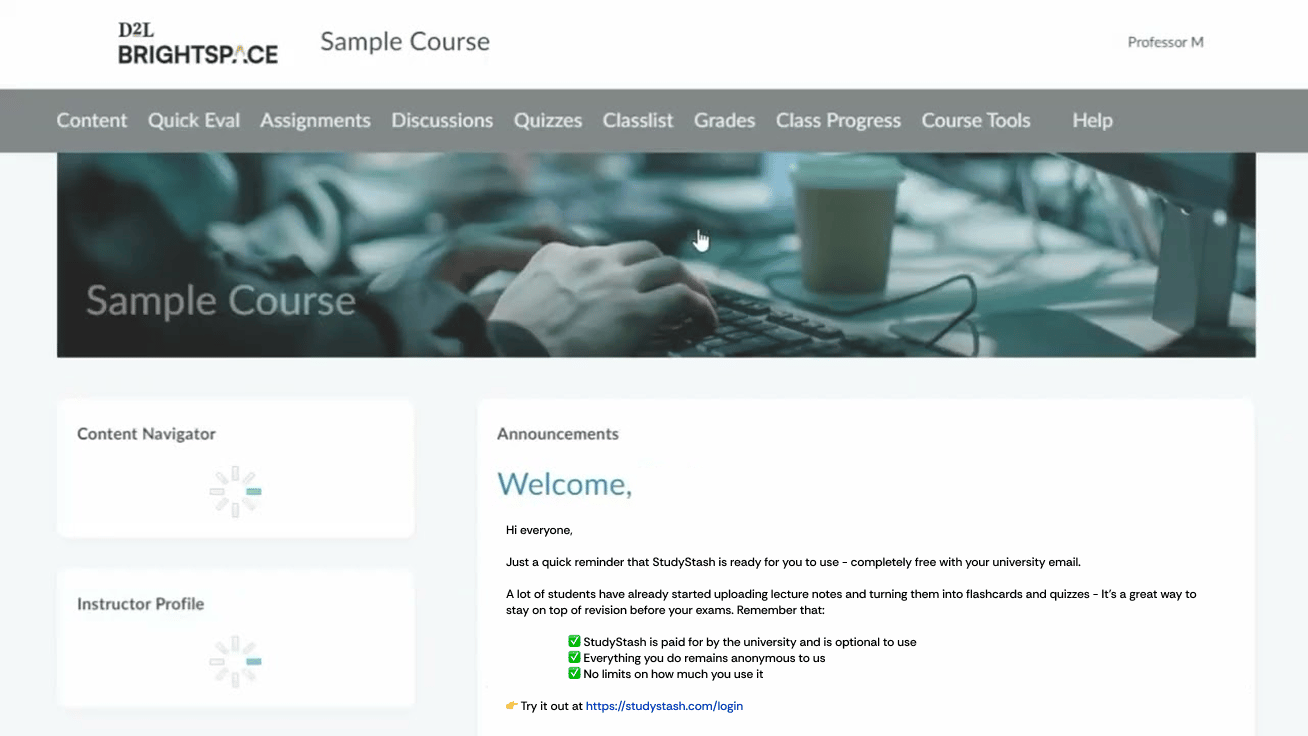 Example StudyStash announcements within D2L Brightspace