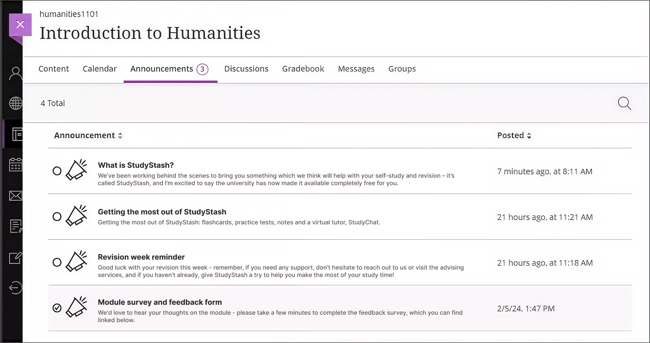 Example StudyStash announcements within Blackboard LMS