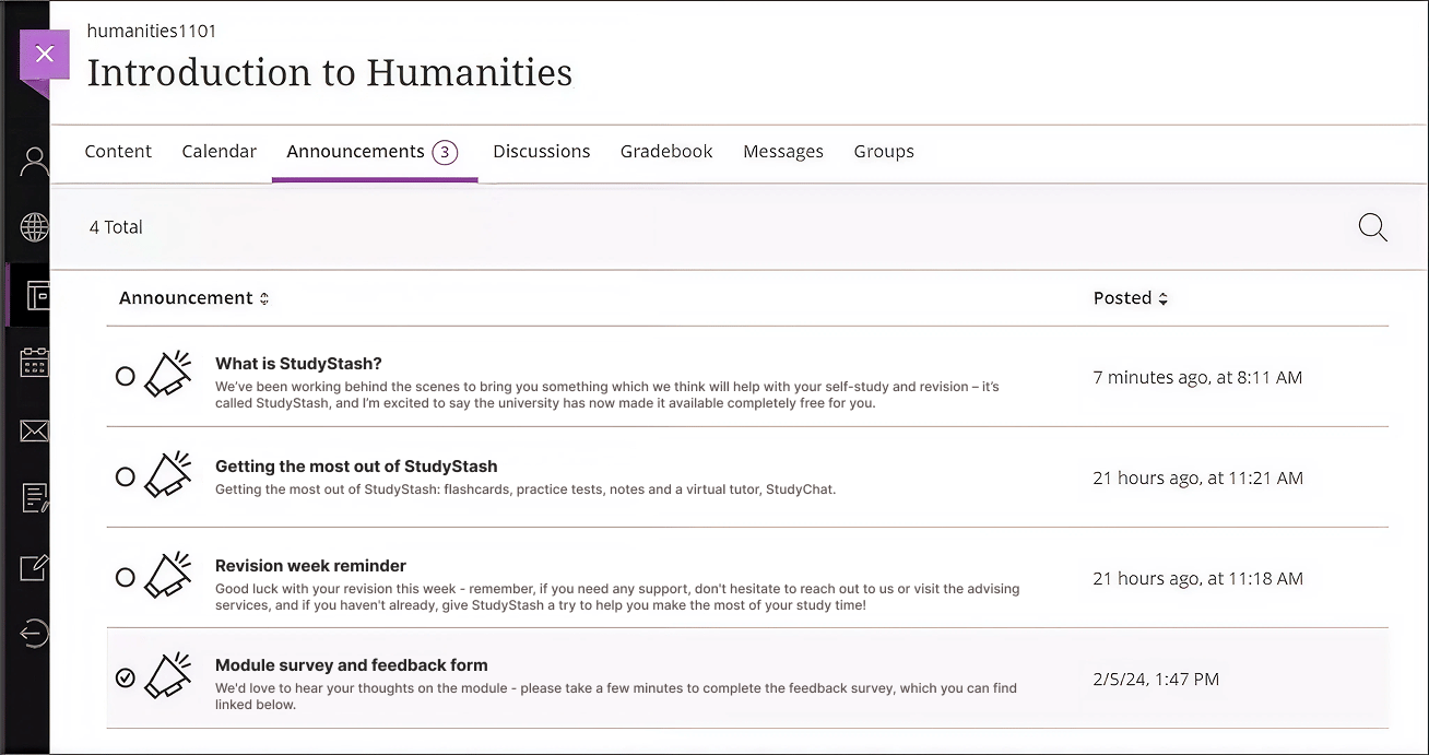Example StudyStash announcements within Blackboard LMS