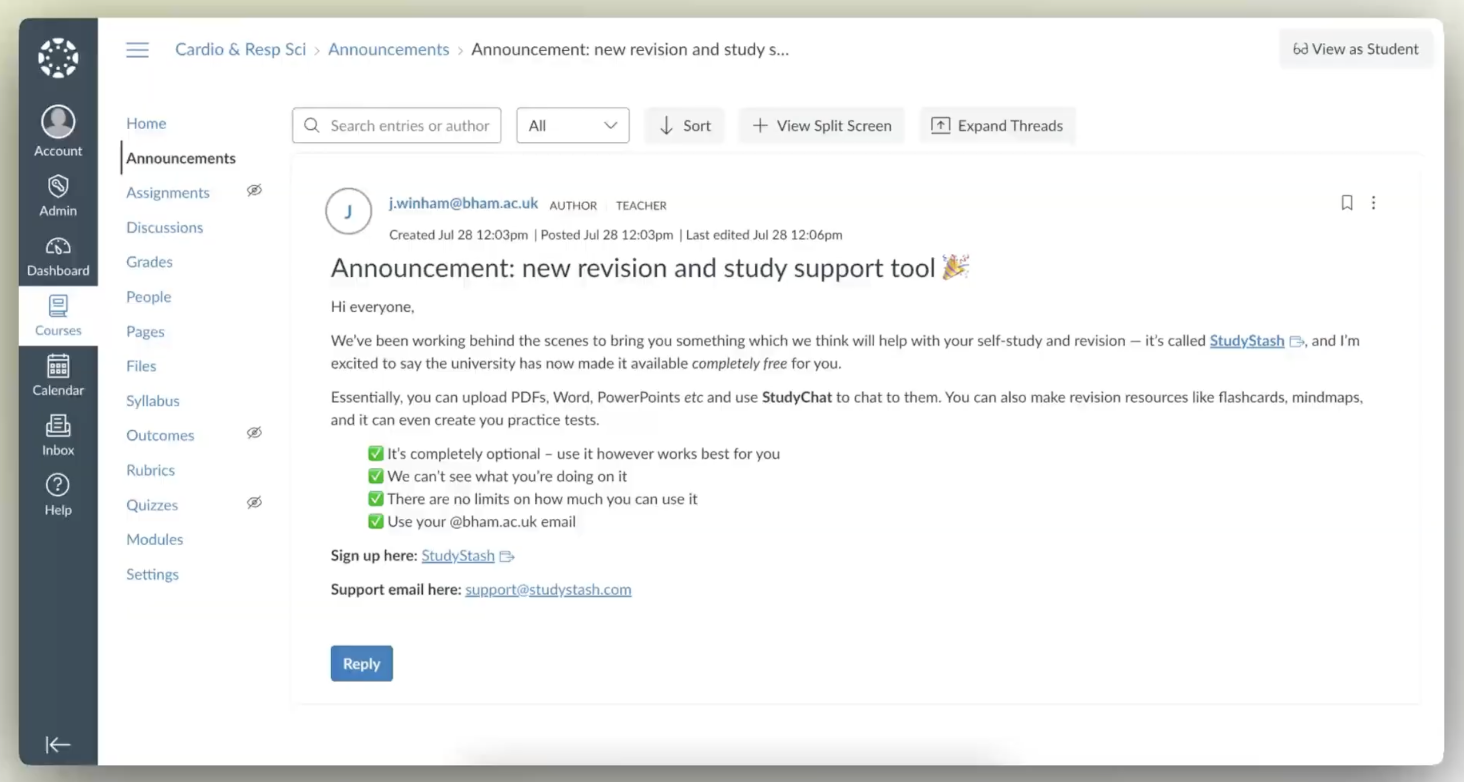 Example StudyStash announcement within Canvas LMS