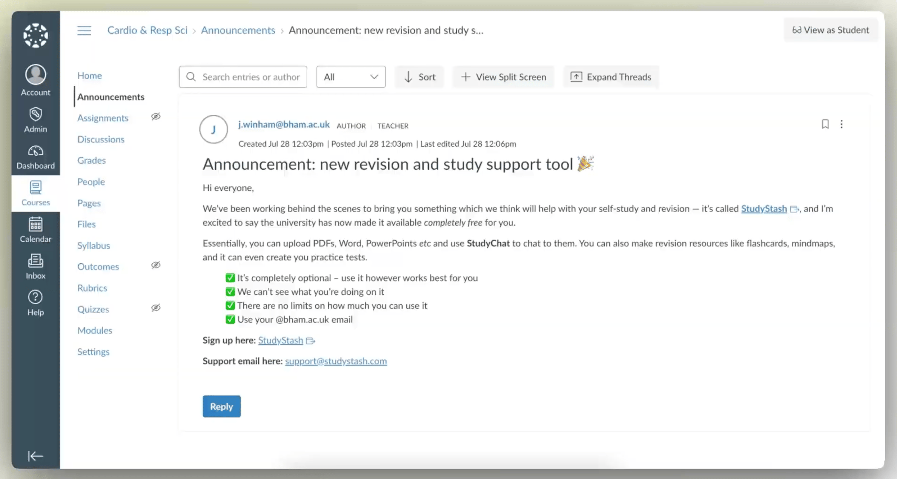 Example StudyStash announcement within Canvas LMS