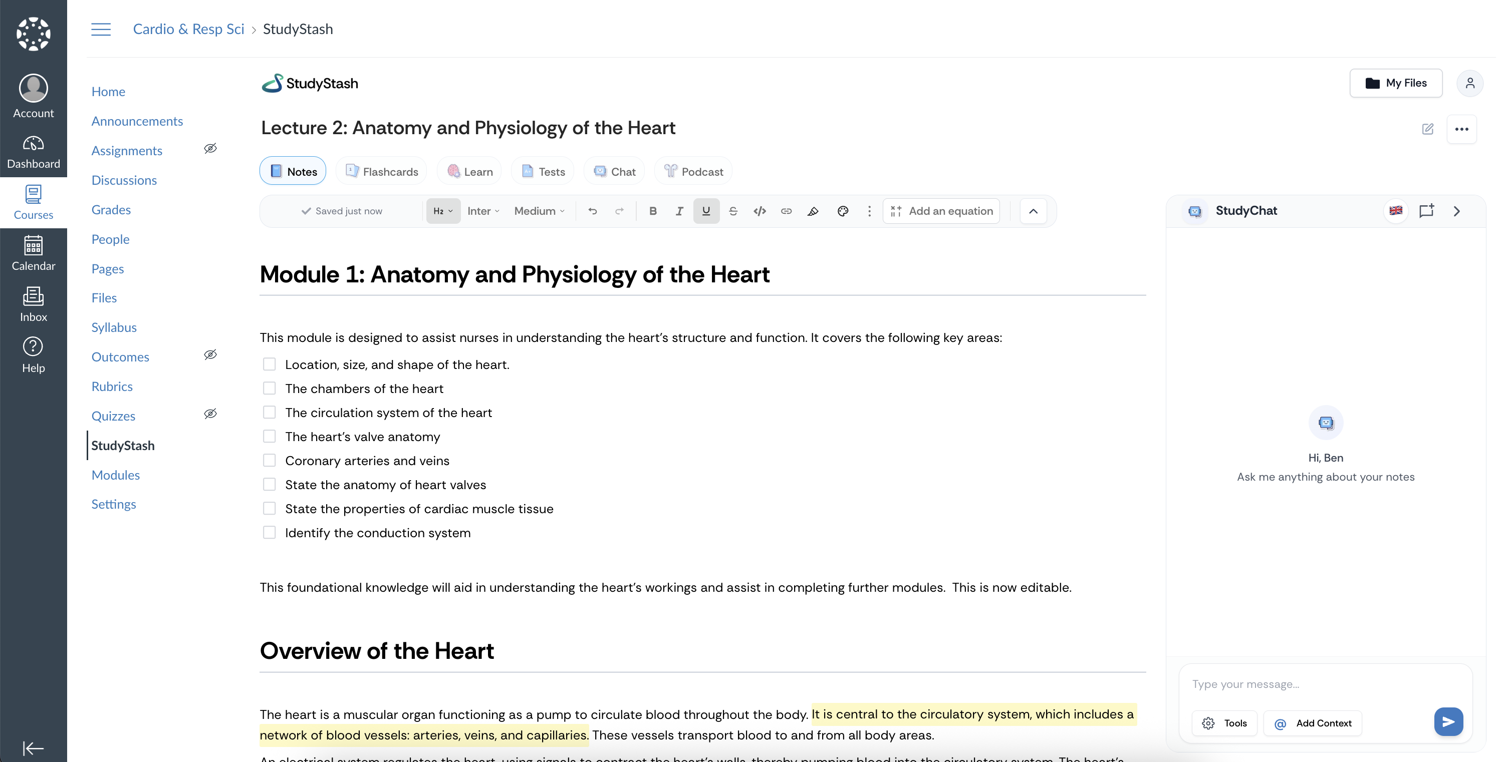 StudyStash interface within Canvas