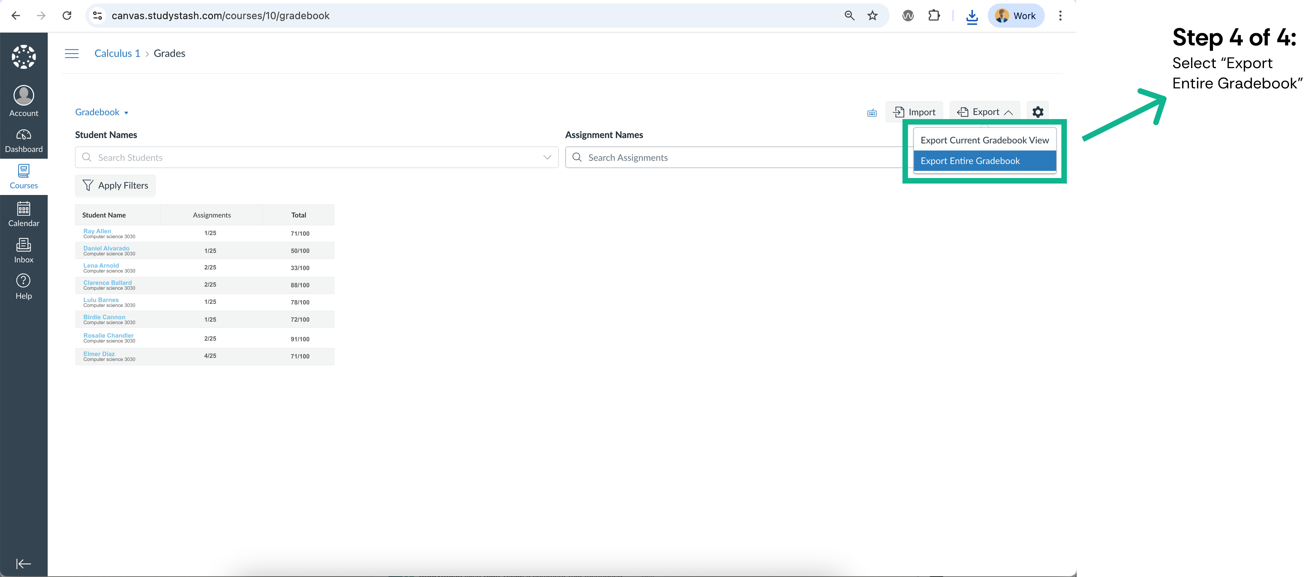Exporting student roster data from Canvas course (CSV) — screenshot 4