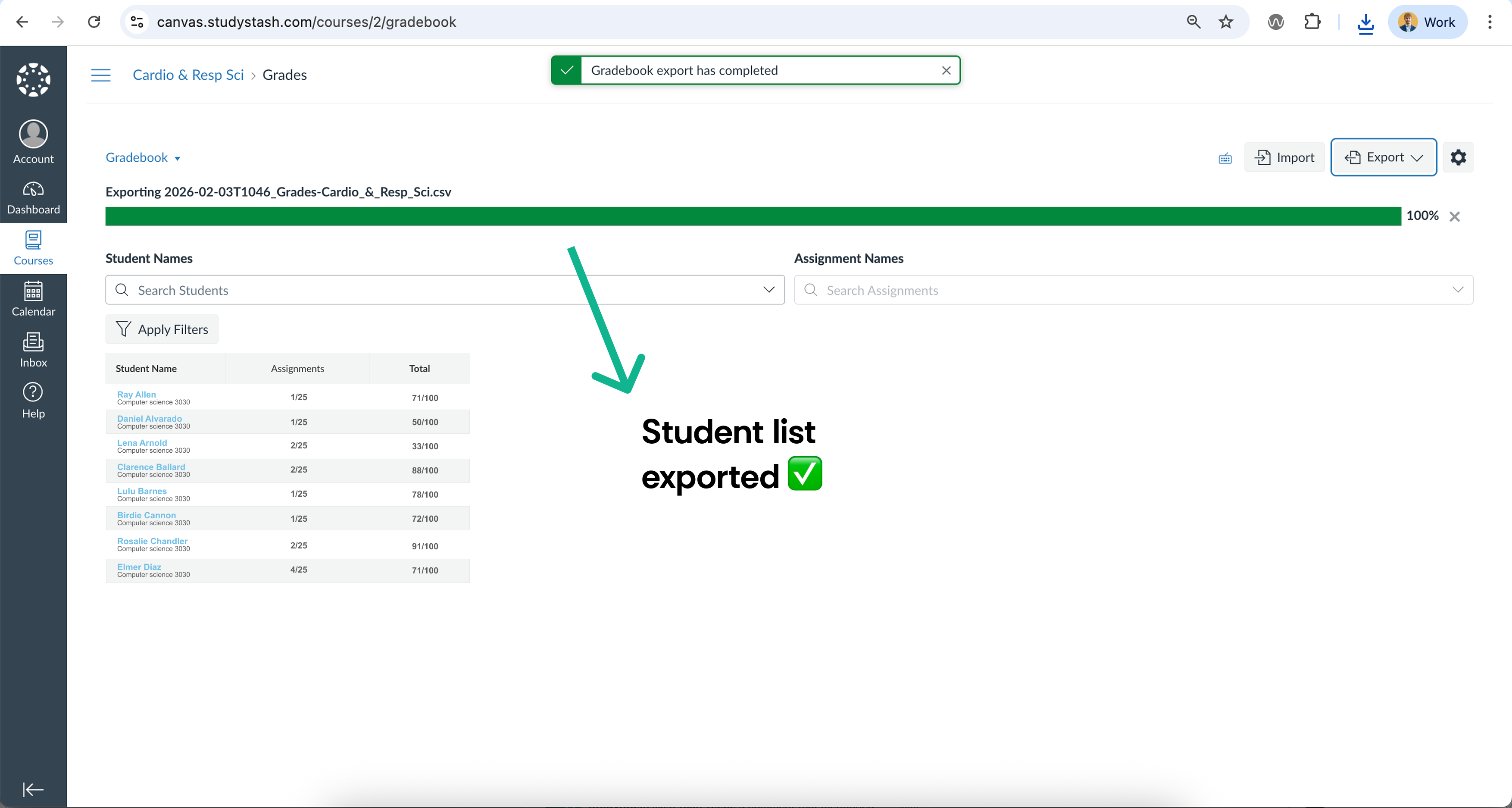 Exporting student roster data from Canvas course (CSV) — screenshot 5
