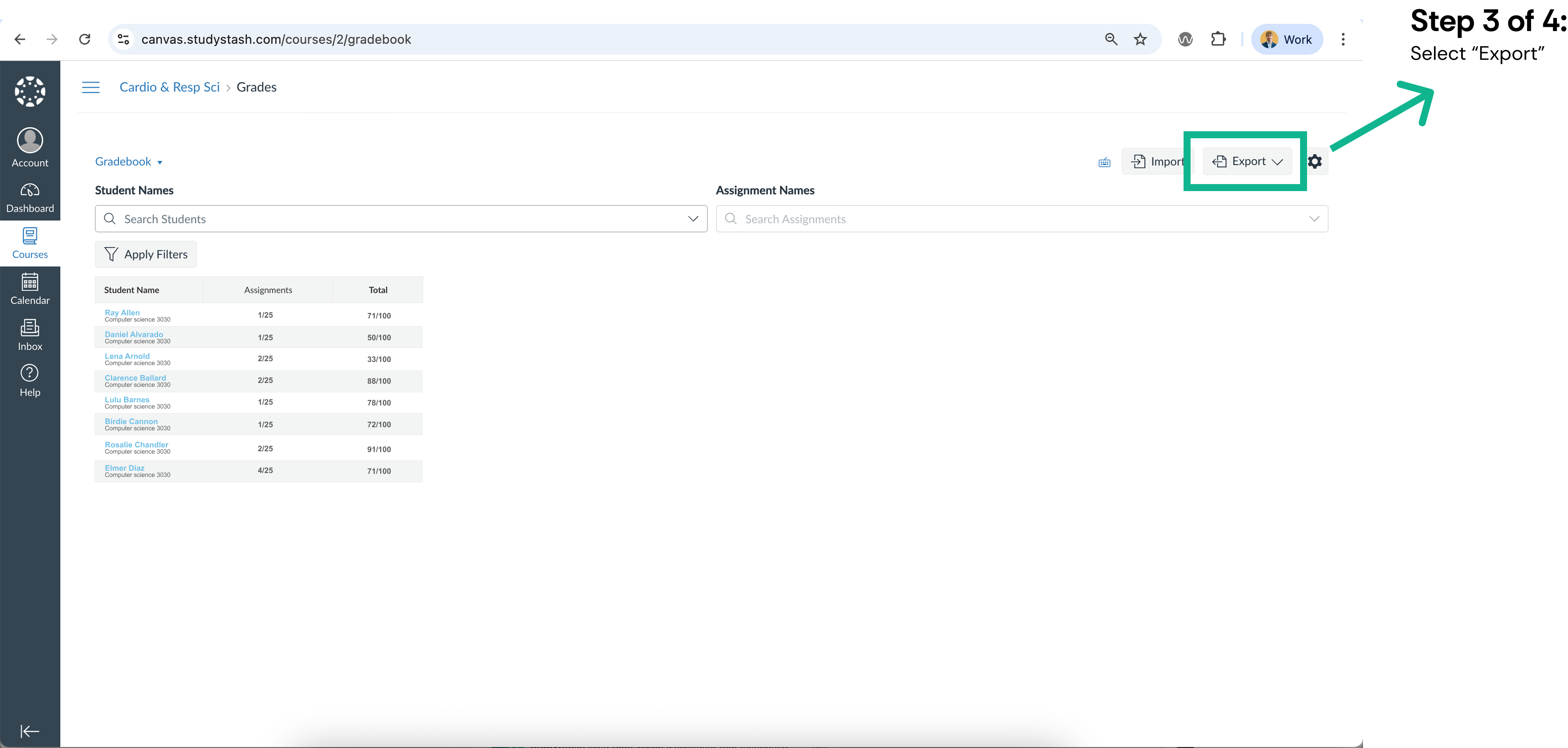 Exporting student roster data from Canvas course (CSV) — screenshot 3