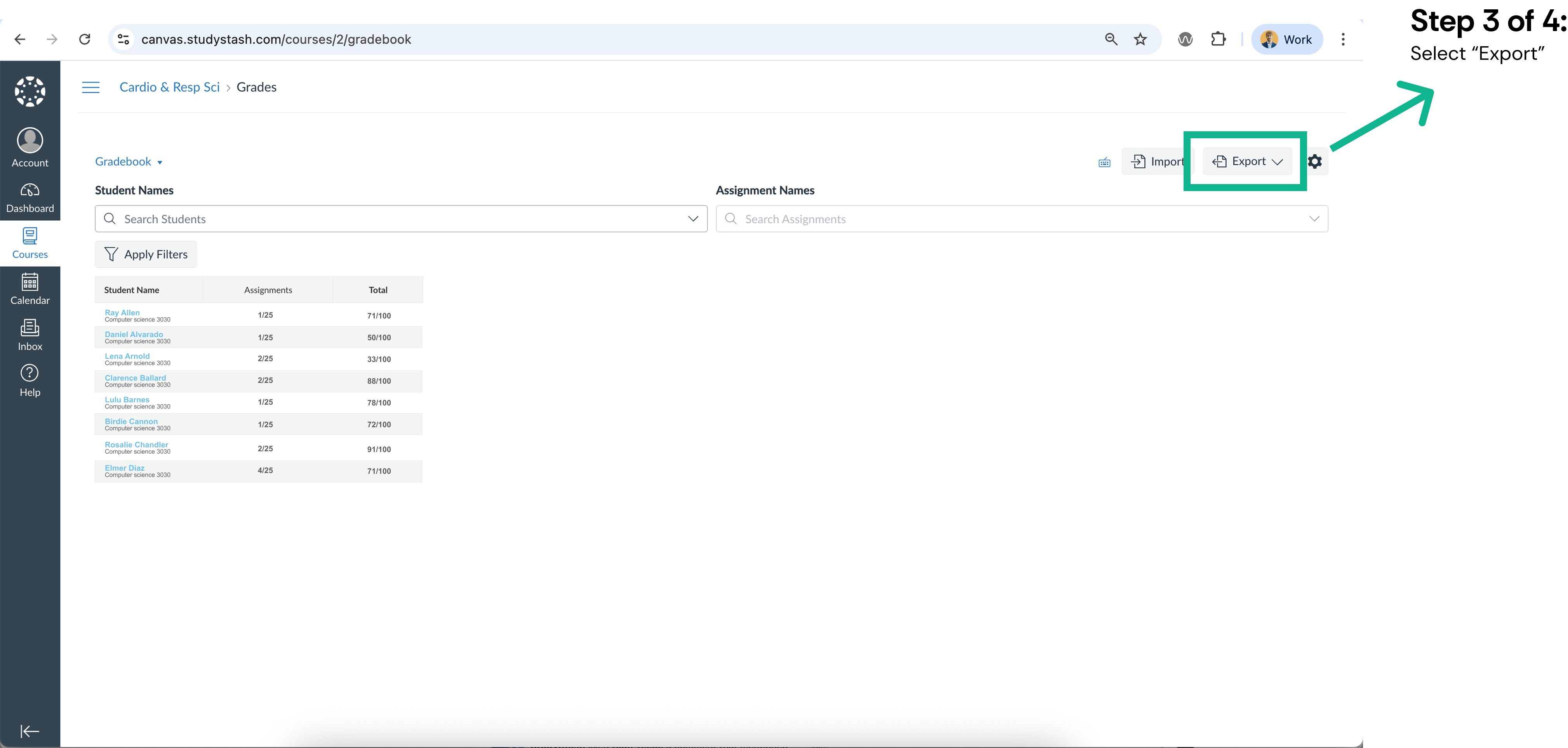Exporting student roster data from Canvas course (CSV) — screenshot 3