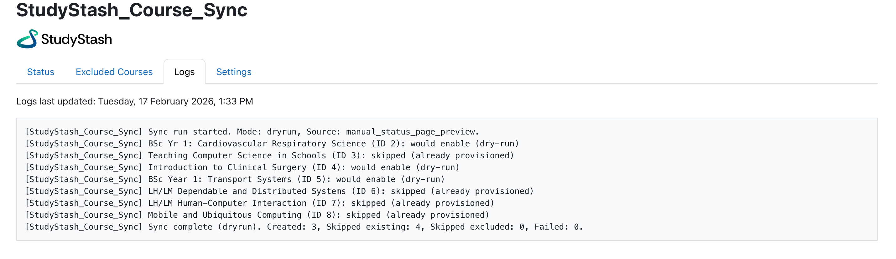 Moodle Plugin: Syncing StudyStash to Courses (Opt-Out Mode) — screenshot