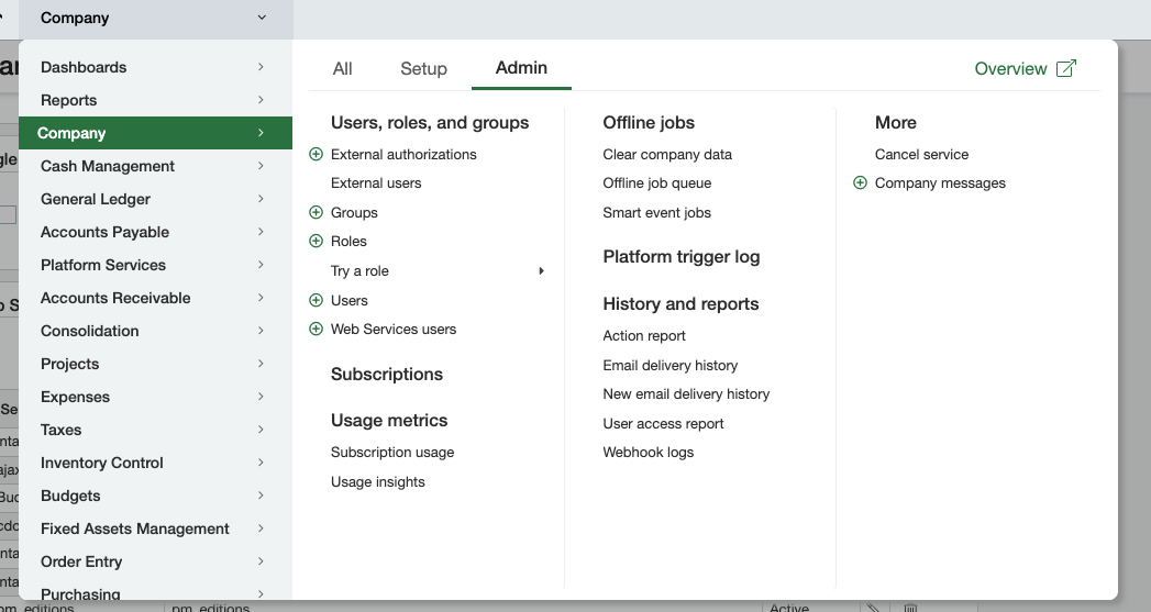Sage Intacct Admin tab showing Web Services users under Users, roles, and groups