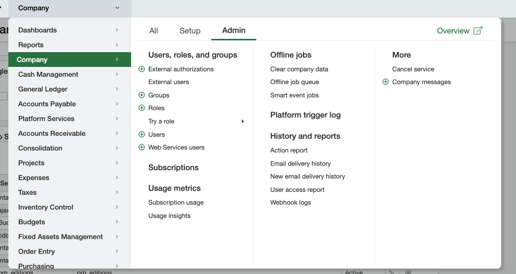 Sage Intacct Admin tab showing Web Services users under Users, roles, and groups