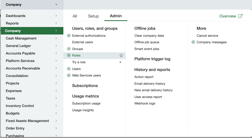 Sage Intacct Admin tab with Roles highlighted under Users, roles, and groups