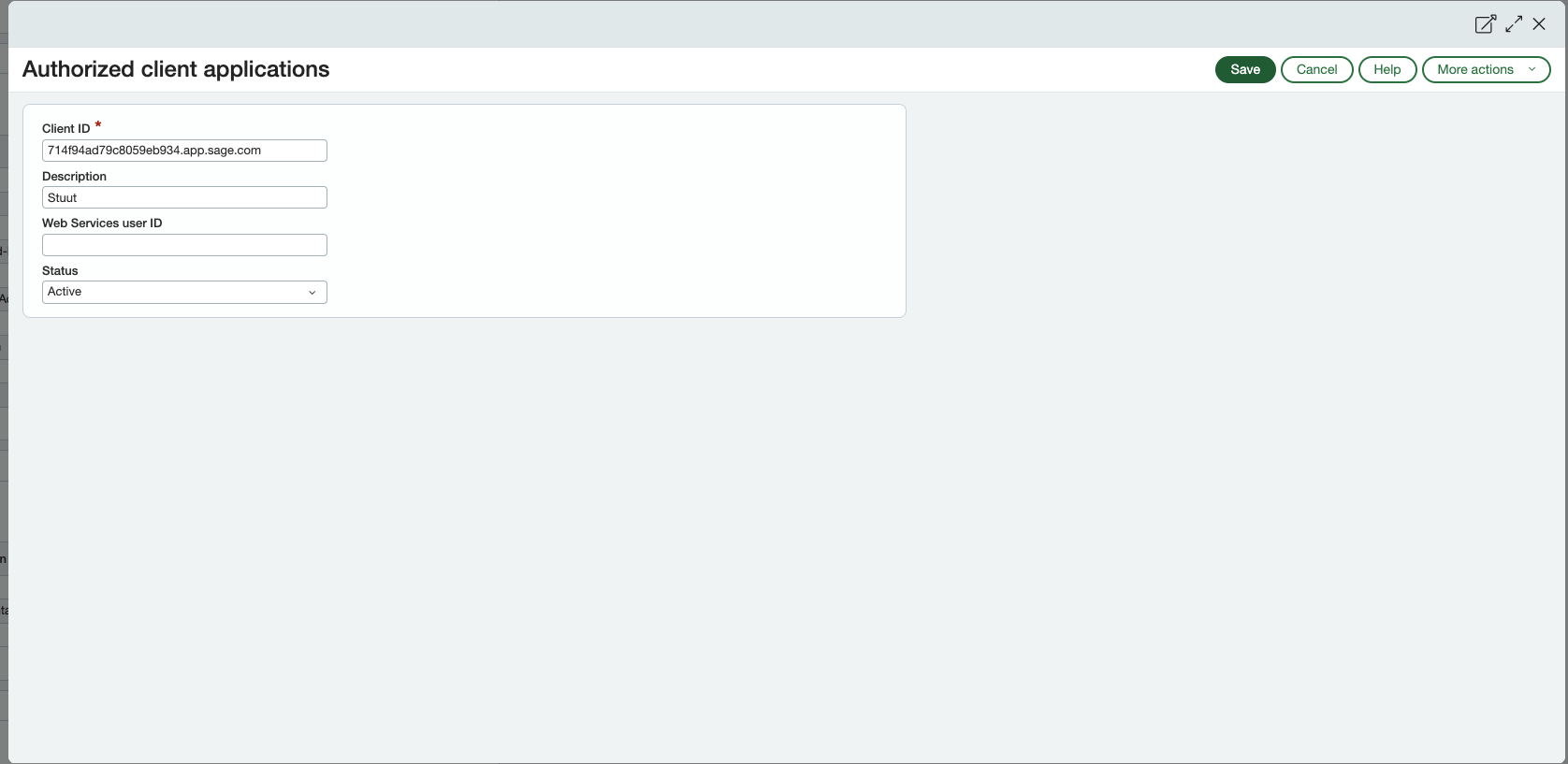 Authorized client applications form with the Stuut Client ID and status Active