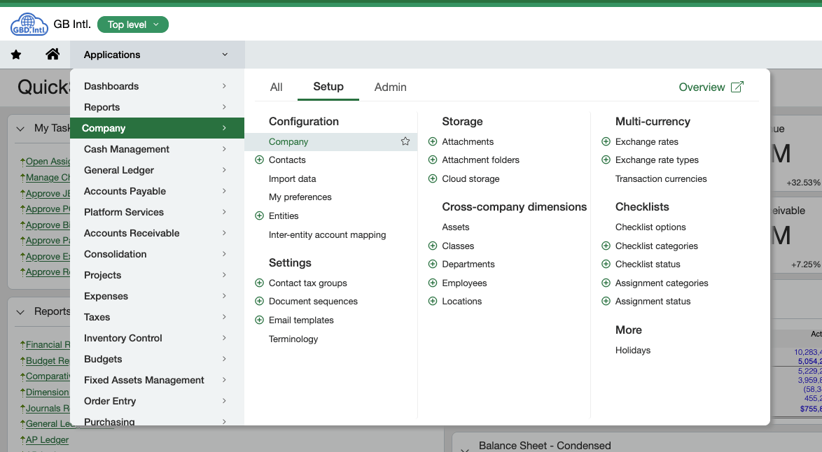 Sage Intacct Applications menu with Company selected under the Setup tab