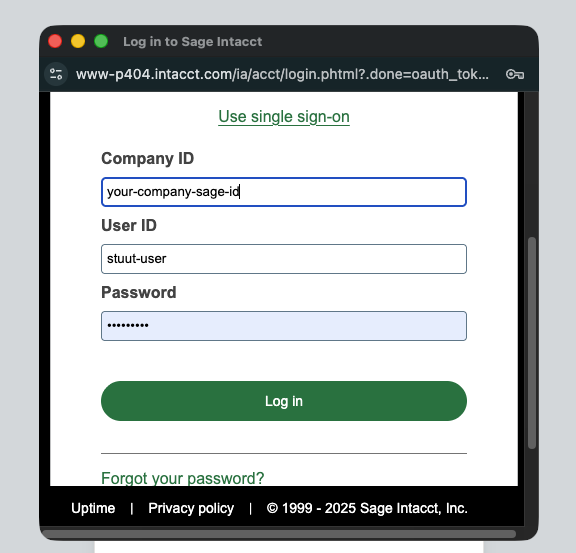 Sage Intacct login window requesting Company ID, User ID, and Password