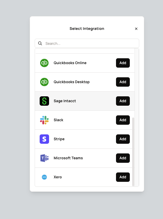 Select Integration dialog with Sage Intacct listed