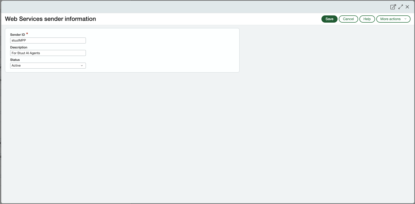 Web Services sender information form with Sender ID stuutMPP, description For Stuut AI Agents, and status Active