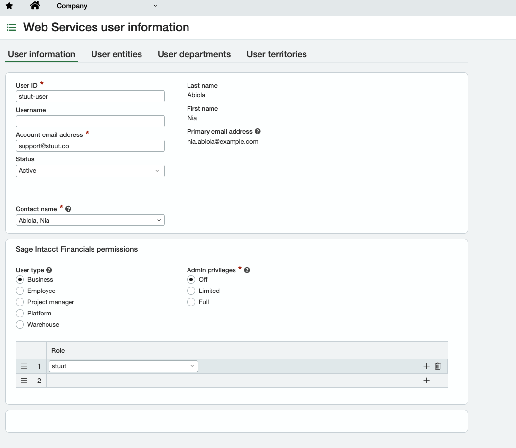Web Services user form with the stuut role assigned