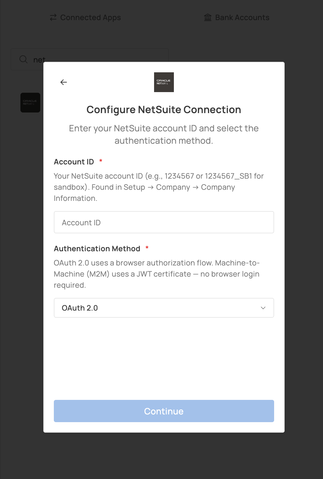 Stuut Configure NetSuite Connection window showing Account ID and OAuth 2.0 authentication method fields