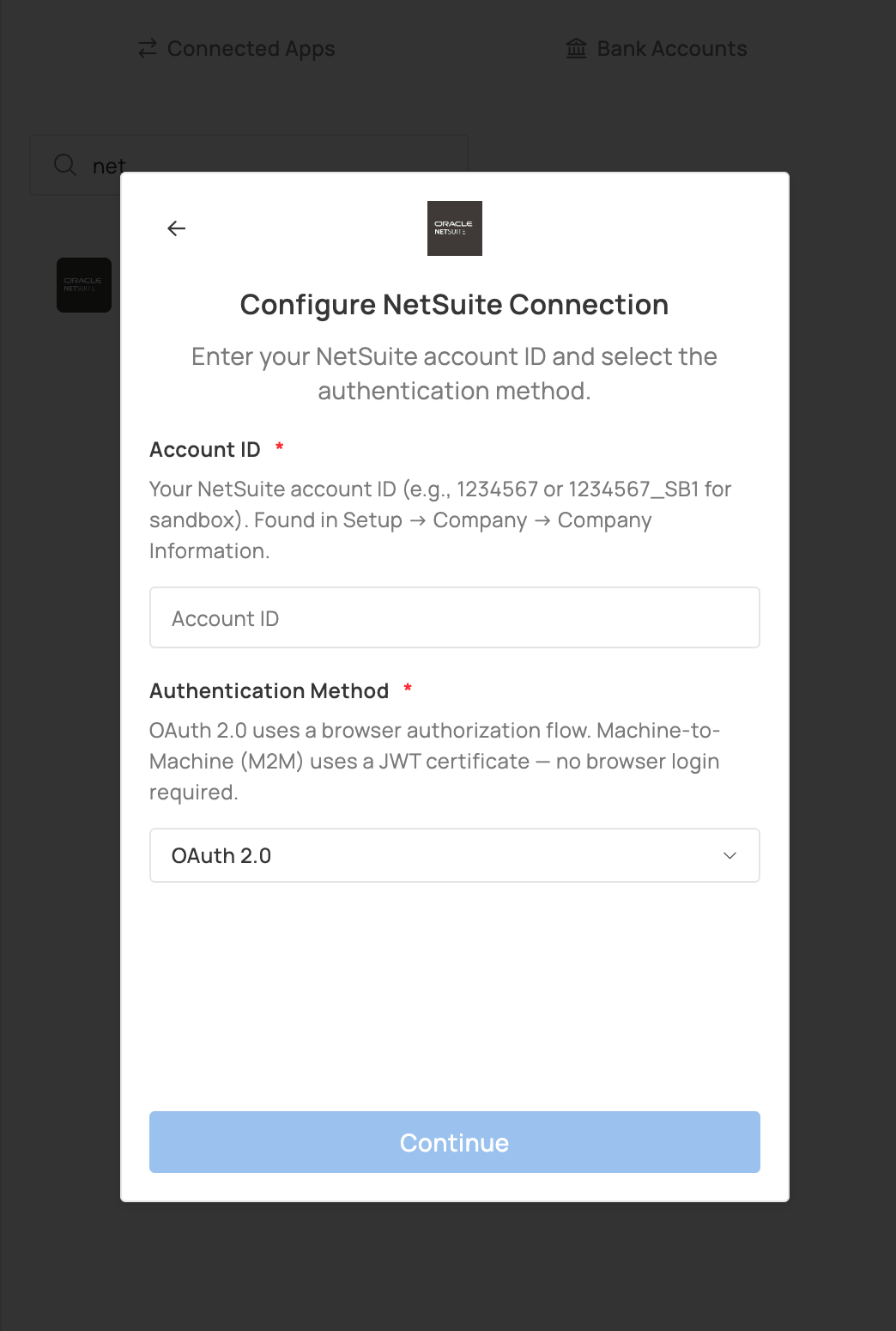 Stuut Configure NetSuite Connection window showing Account ID and OAuth 2.0 authentication method fields