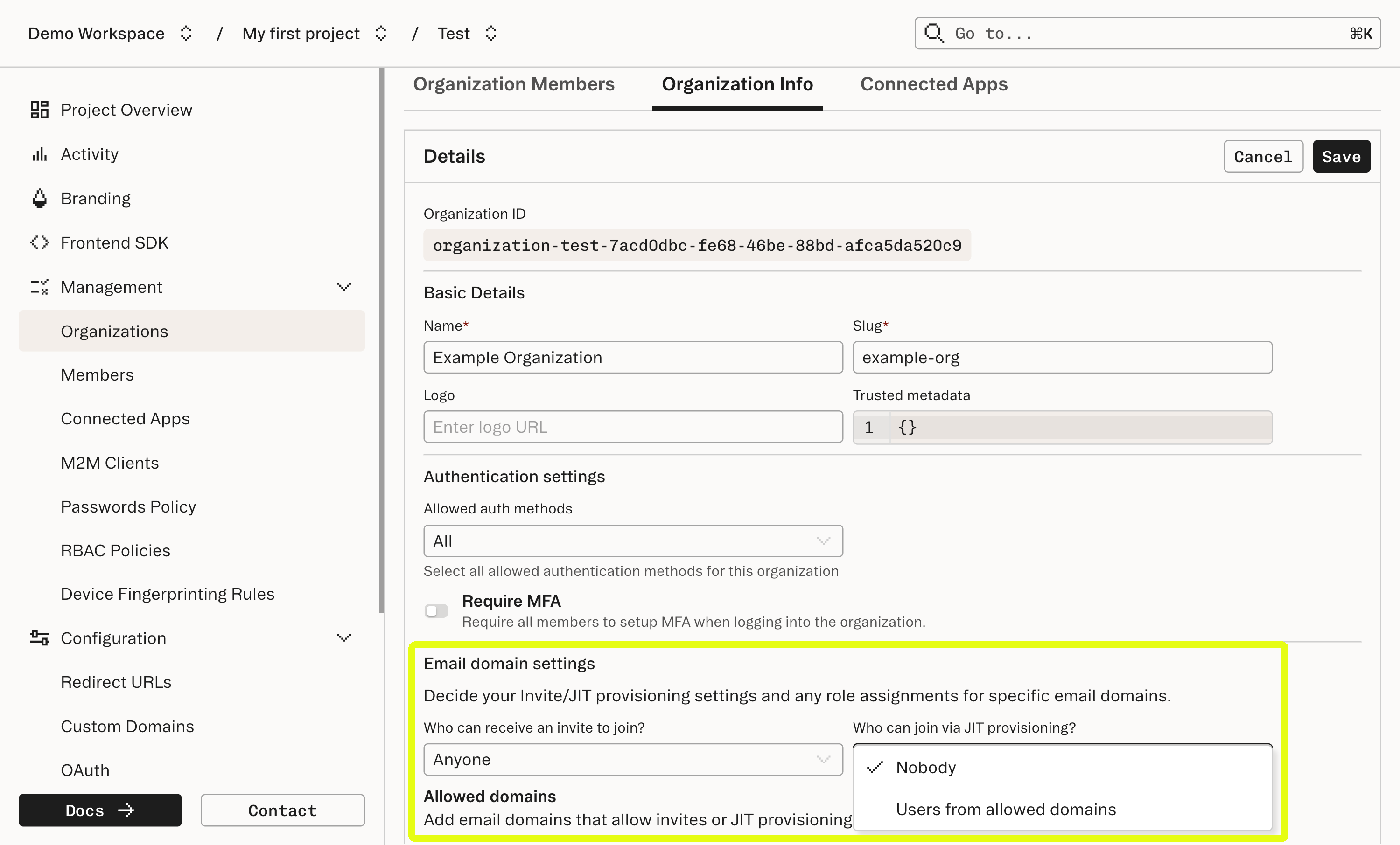 Dashboard page for configuring JIT Provisioning by email domain