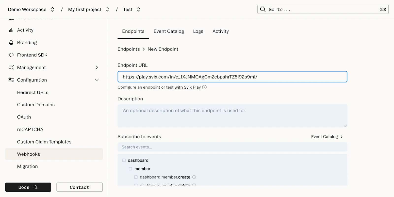 Webhook configuration in the Dashboard