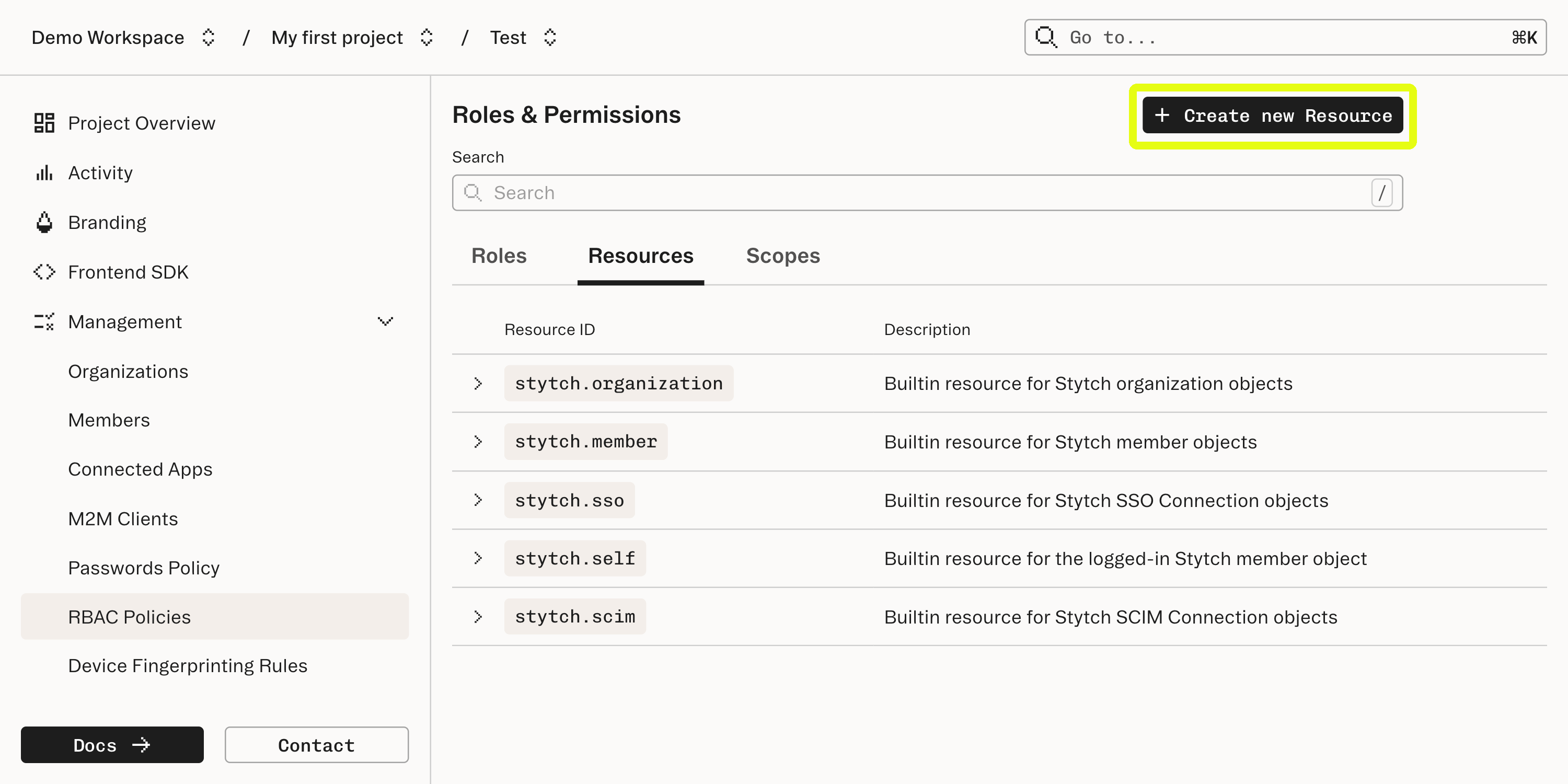 RBAC Resources in Stytch Dashboard