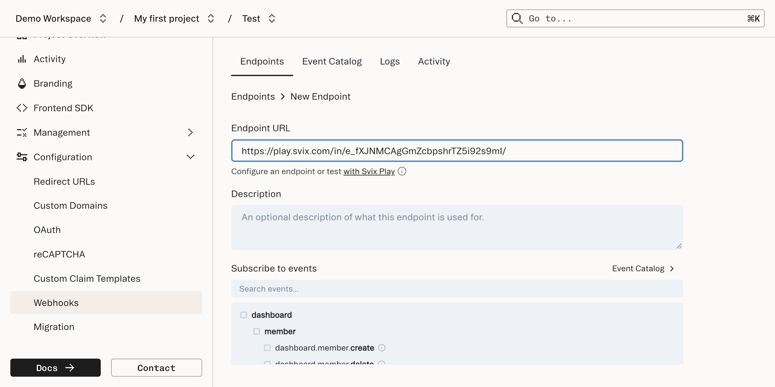Adding webhook endpoint url