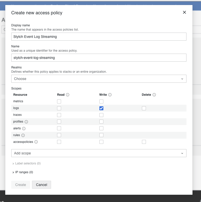 Generate new Grafana Cloud access policy