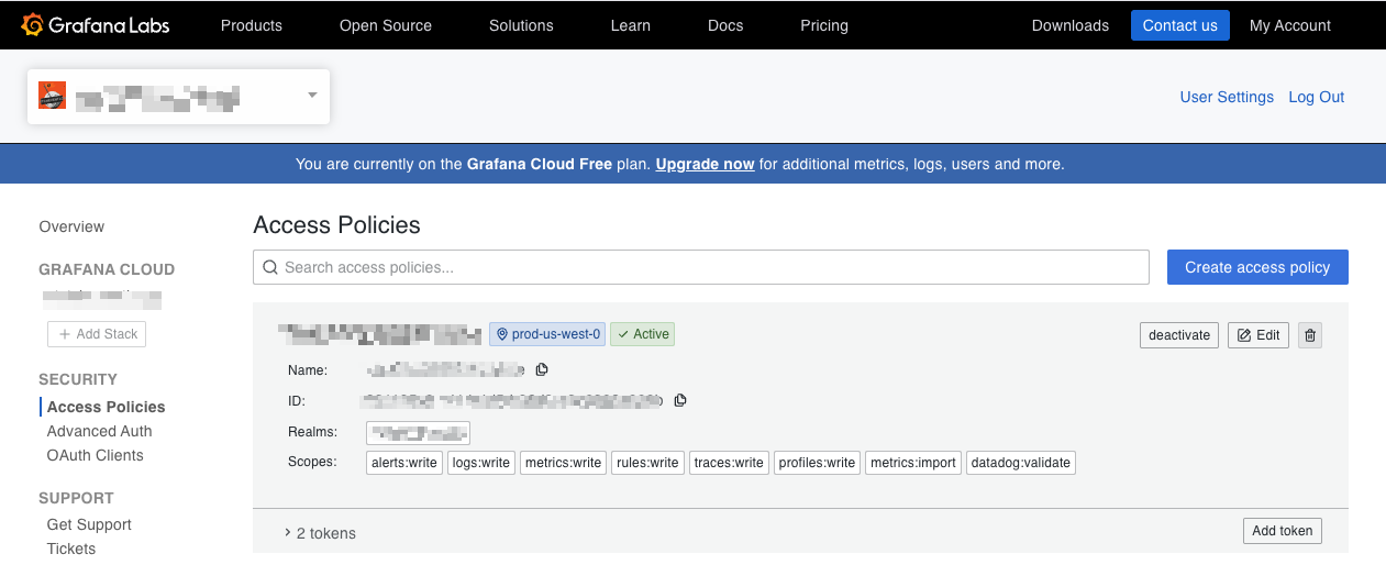 Grafana Cloud access policies page