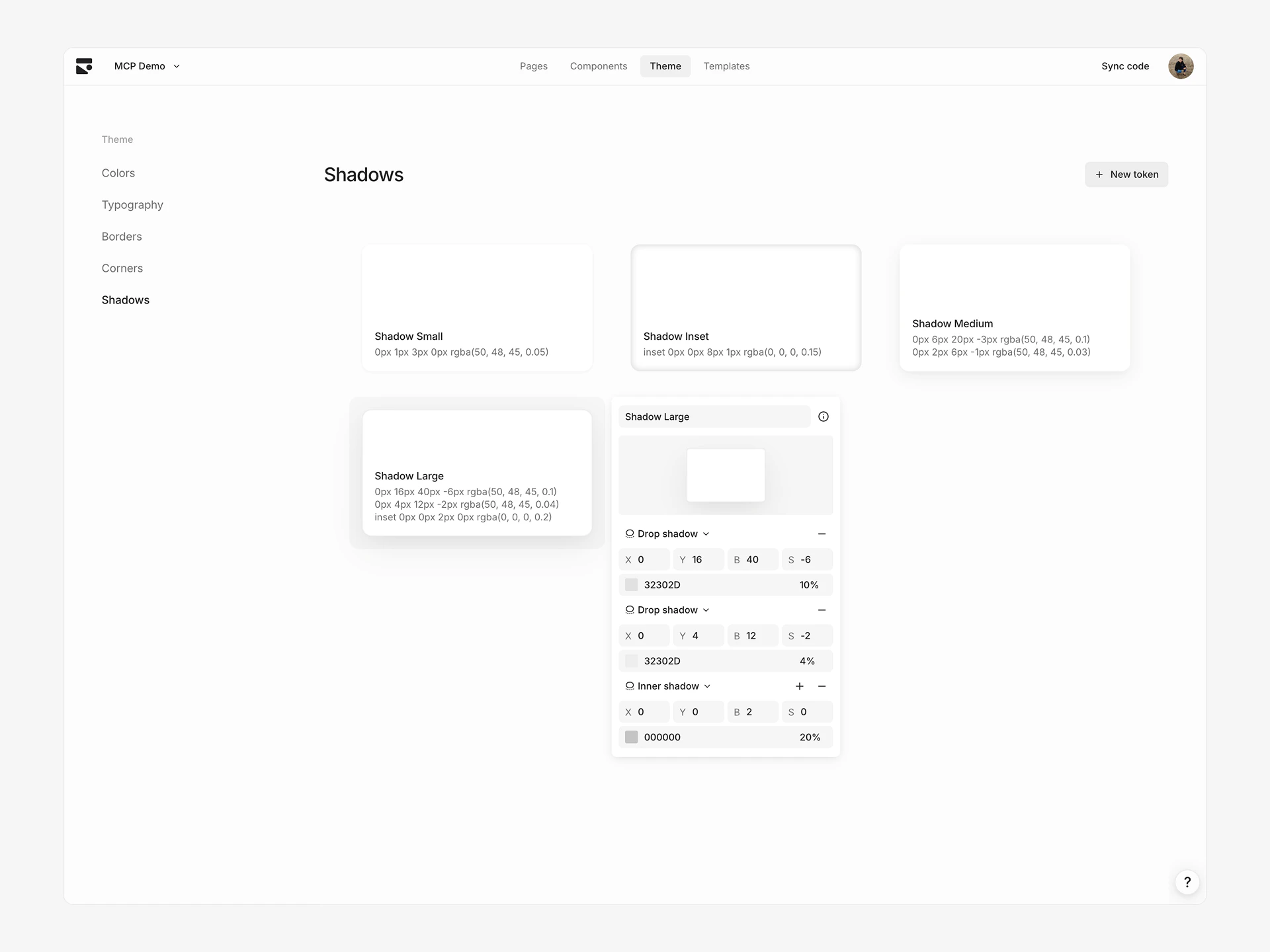 Shadows section of the theme page showing editing a shadow token