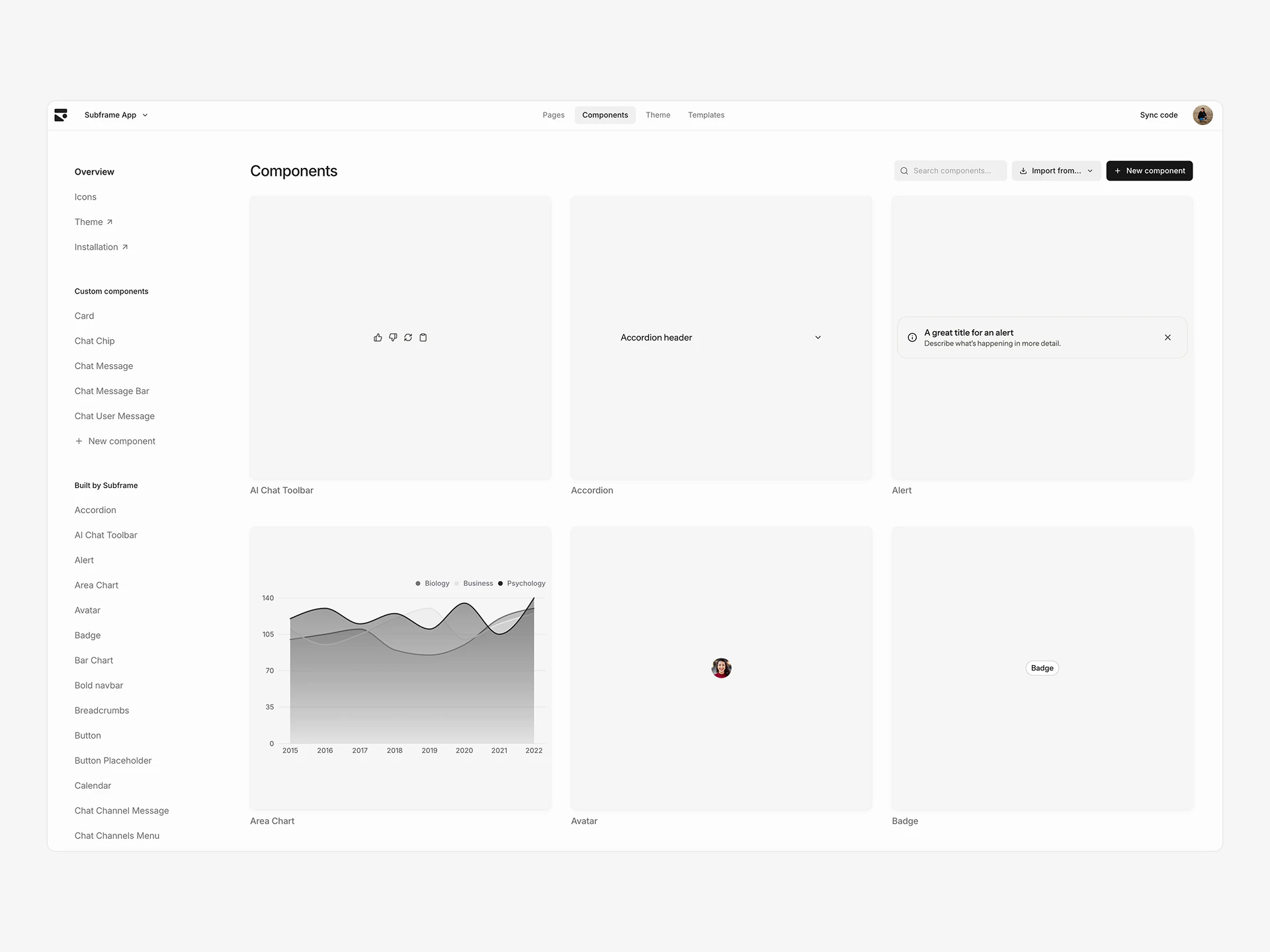 The Components tab showing a list of design system components