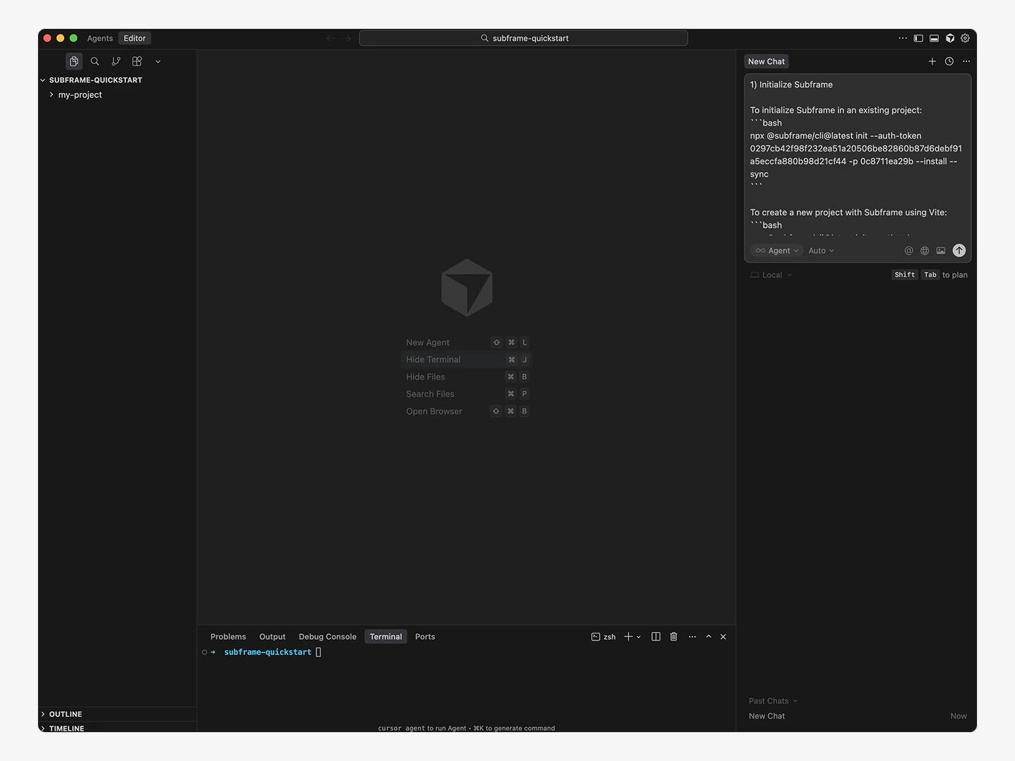 Cursor project with Subframe installation prompt