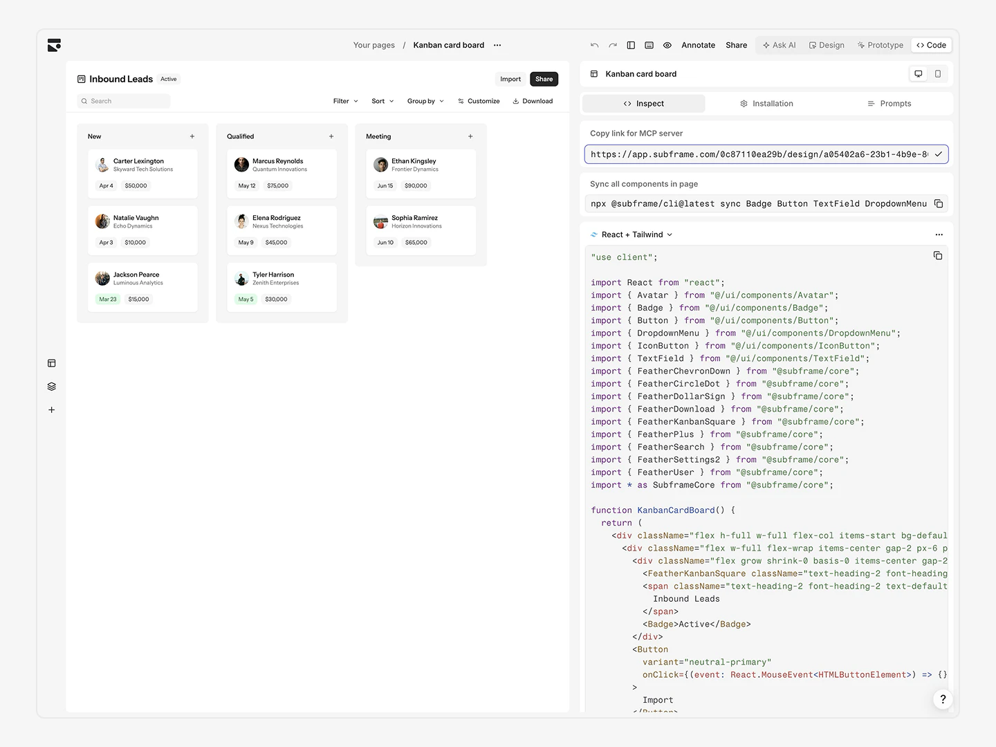 Code mode inspect view with link for MCP server
