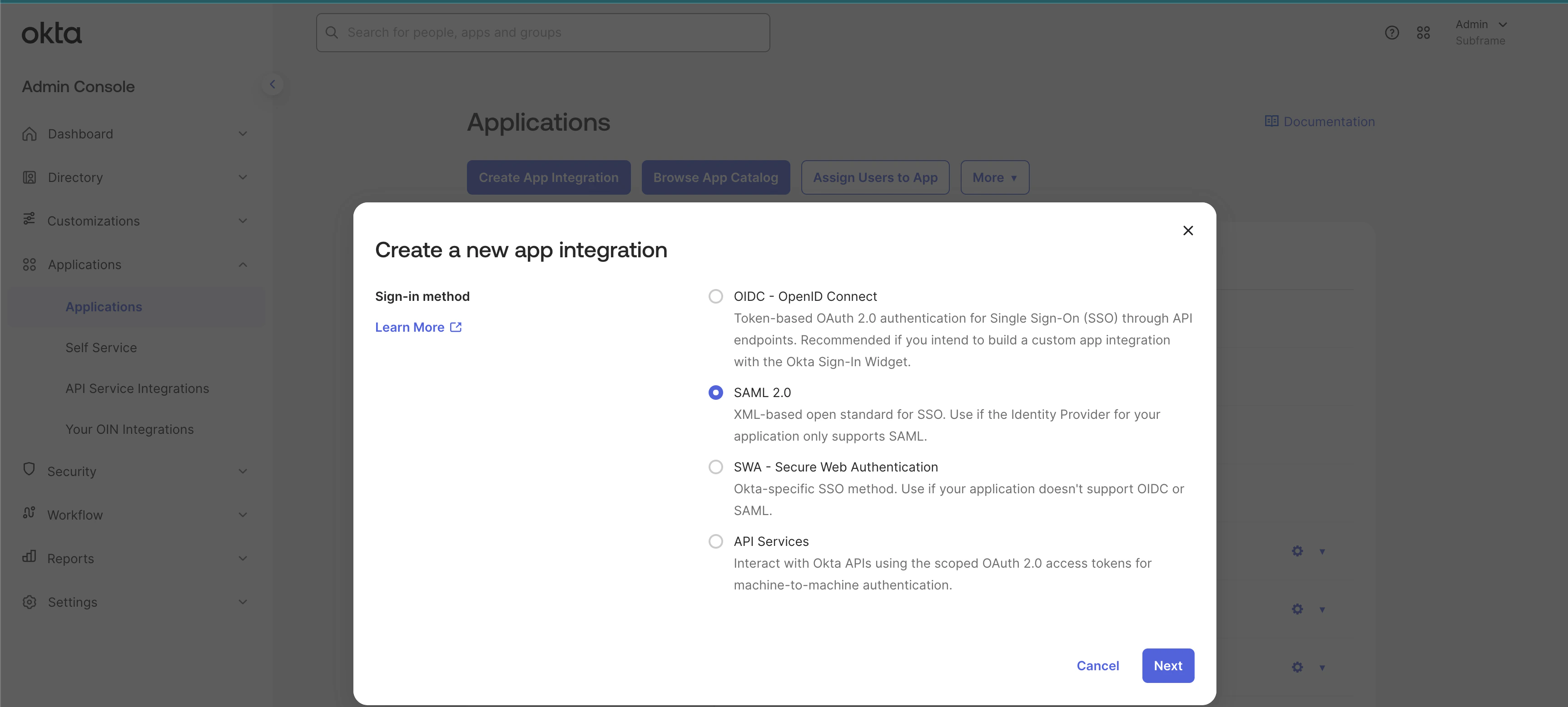 Create a new app integration dialog with SAML 2.0 selected