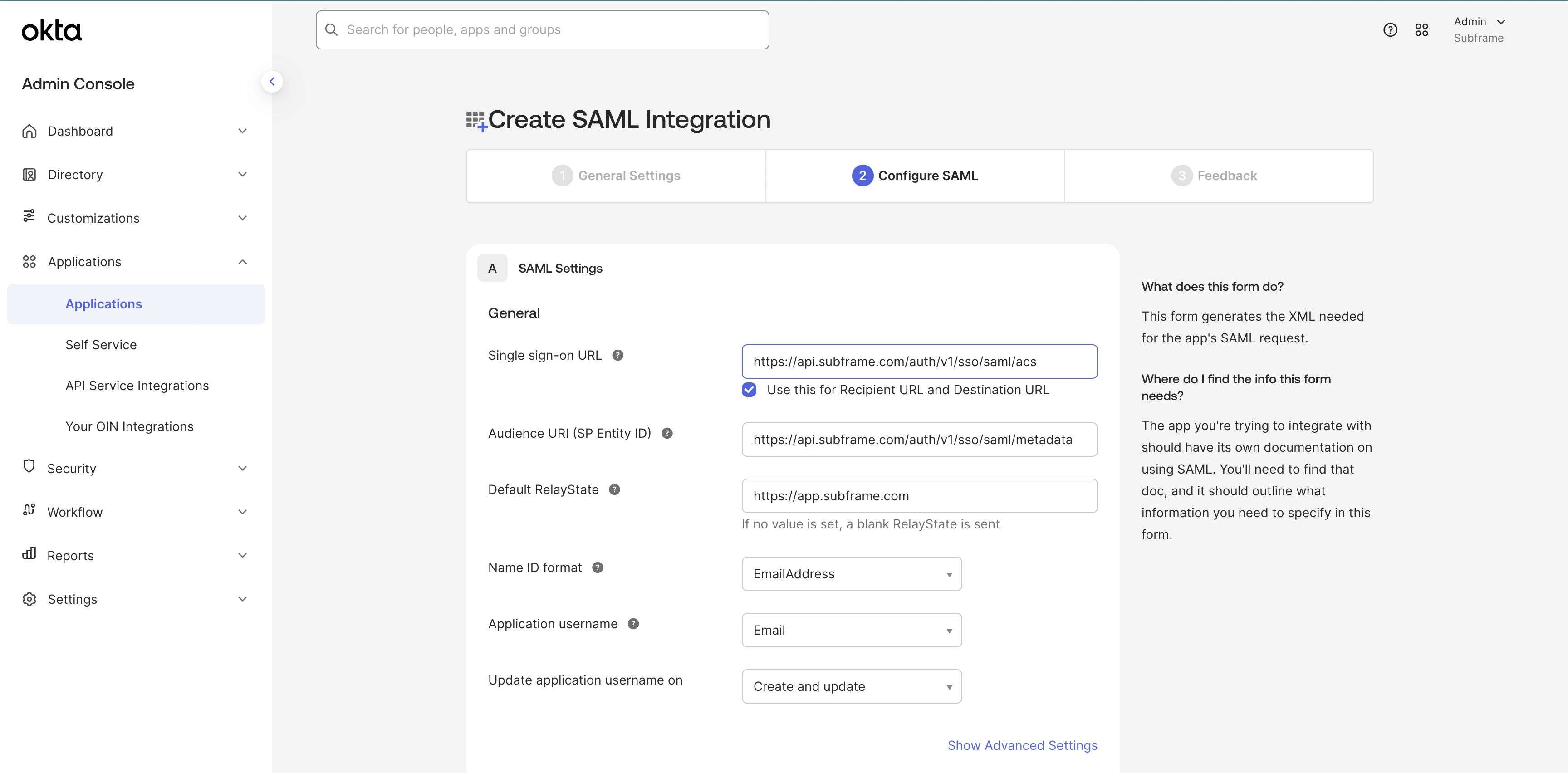 SAML settings form with Single sign-on URL and Audience URI fields