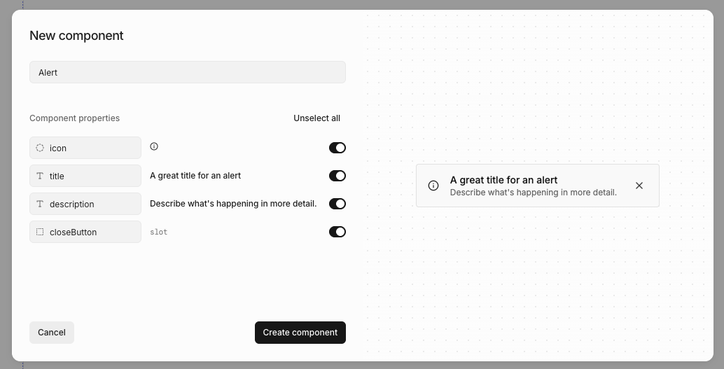Create a new component dialog