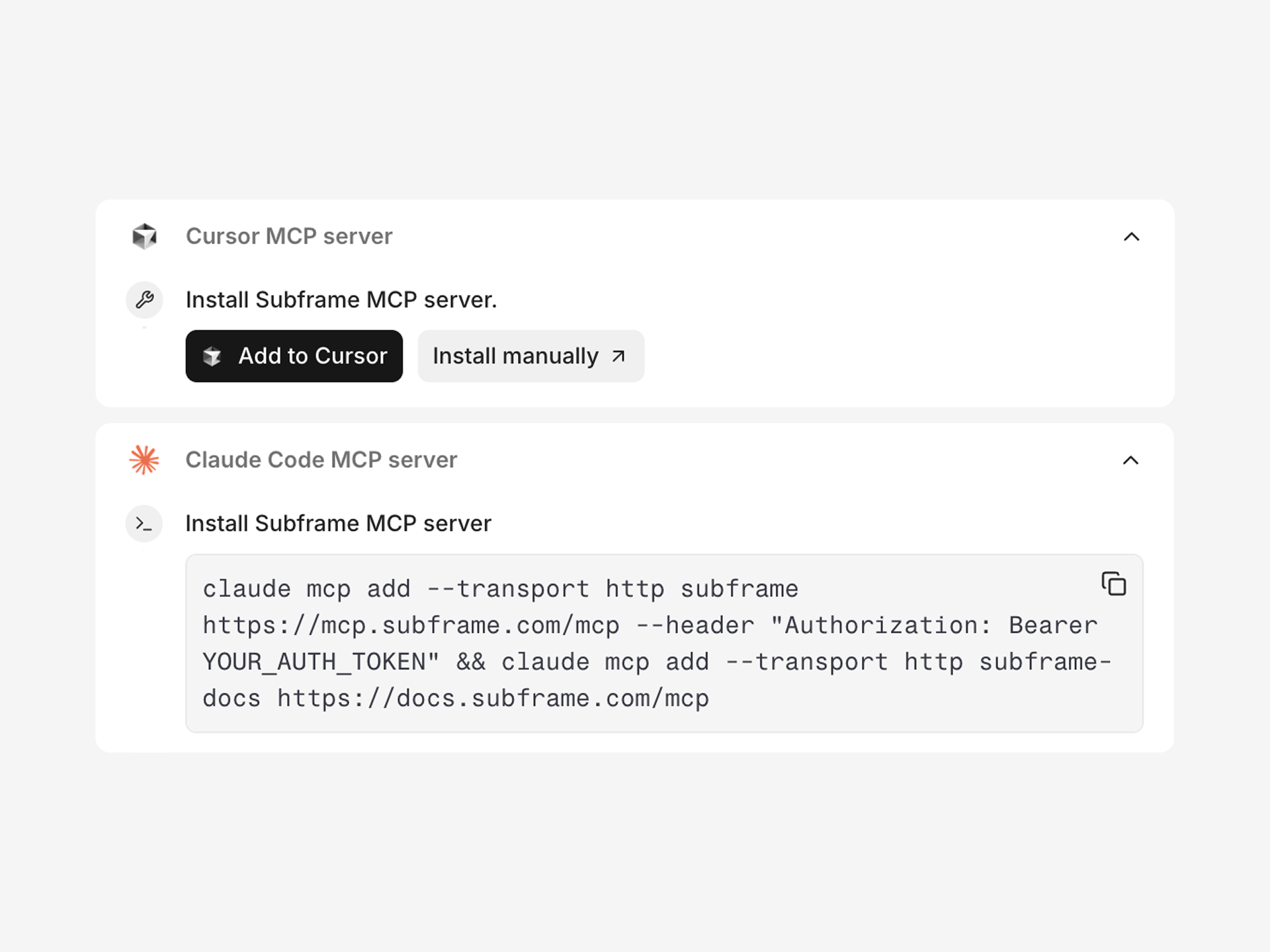 Configuration file showing MCP server setup with Subframe access token
