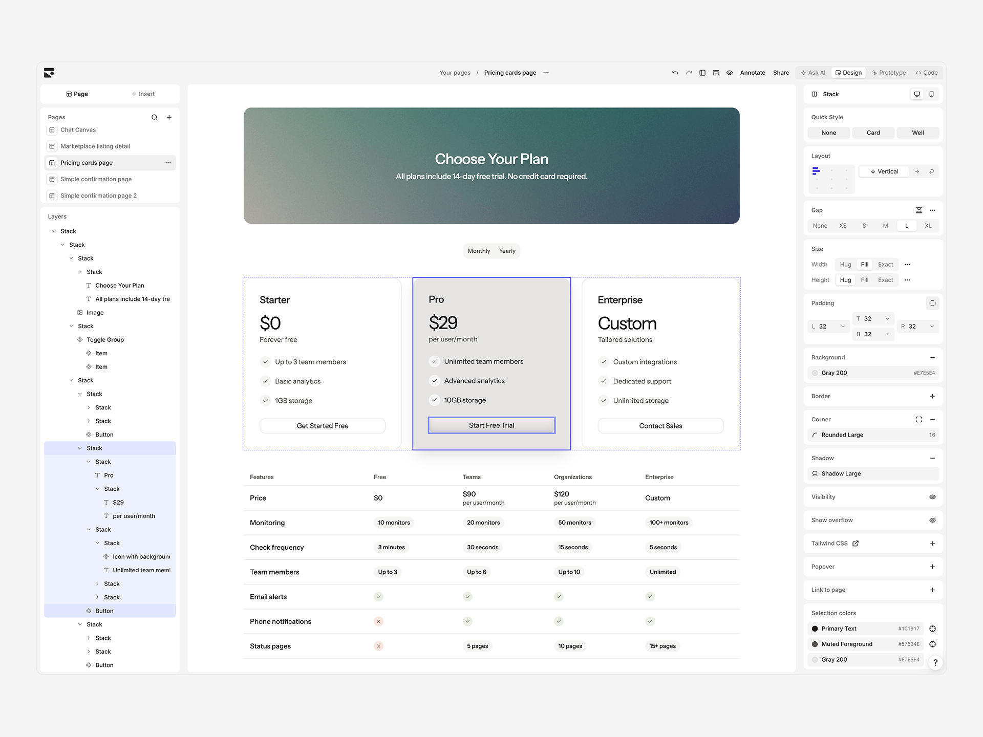 The editor showing a page being designed with components on the canvas
