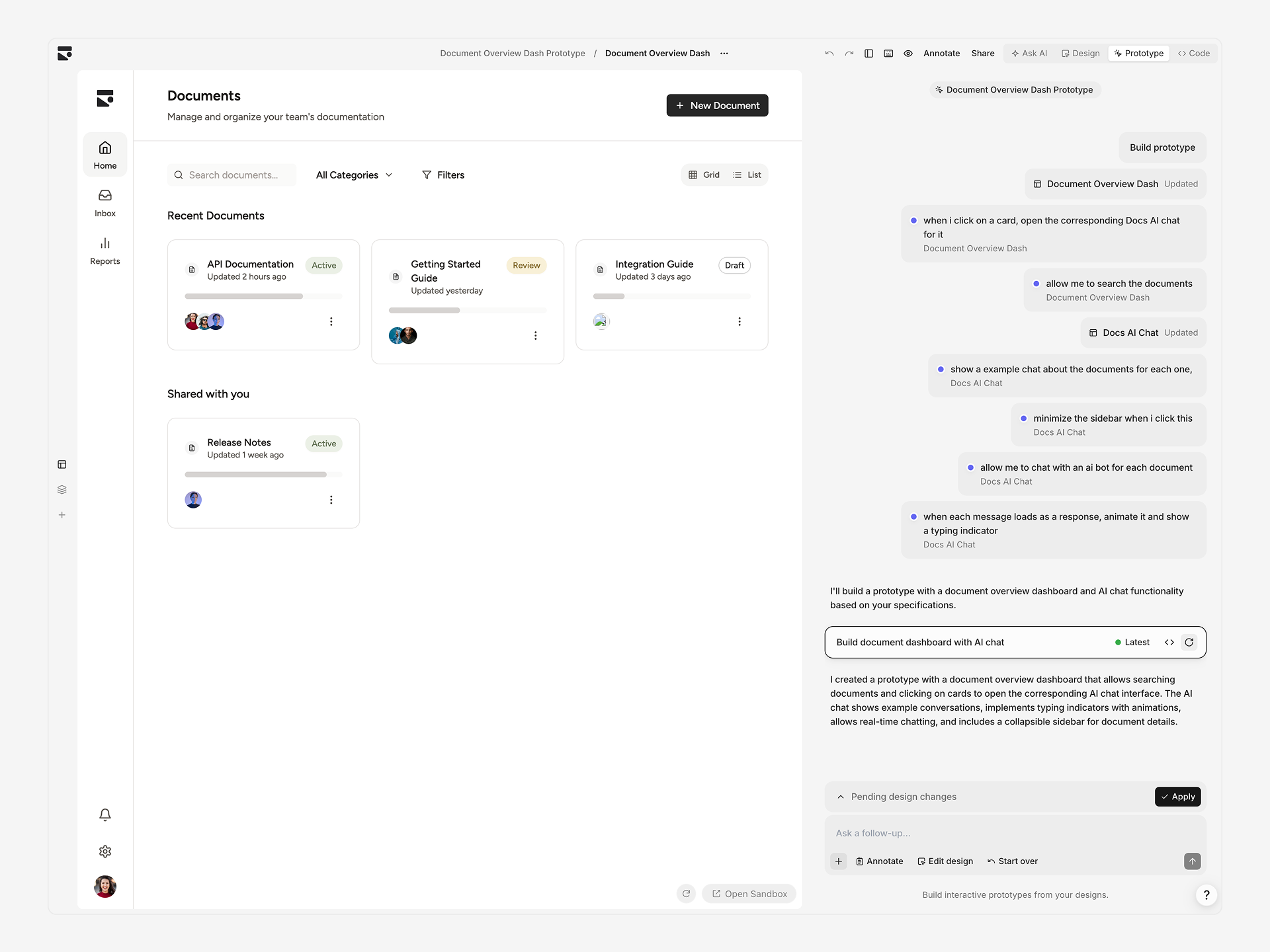 Prototype mode showing a page with annotations and AI chat panel for adding interactions