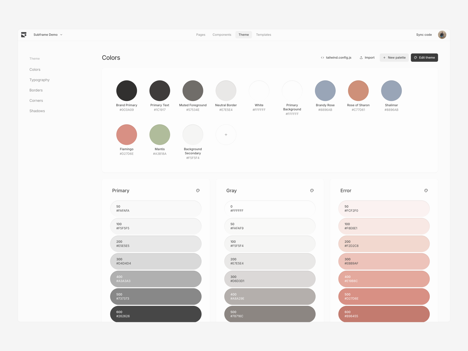 The theme panel showing color tokens, typography settings, and spacing scale