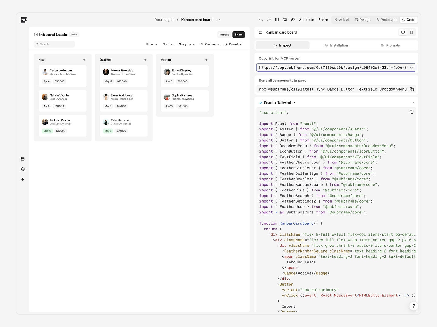 Code mode inspect view with link for MCP server