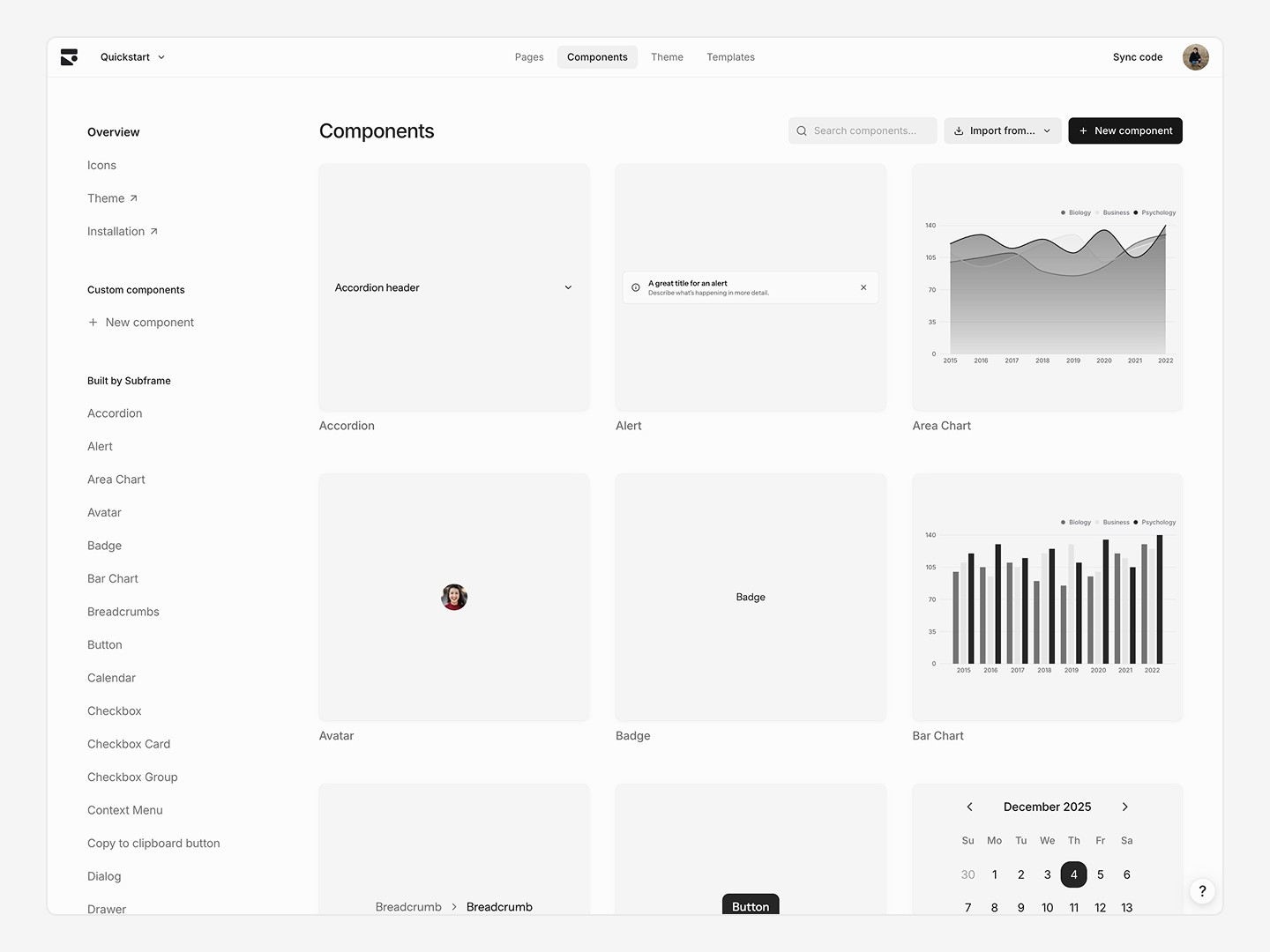Component library gallery for a new project