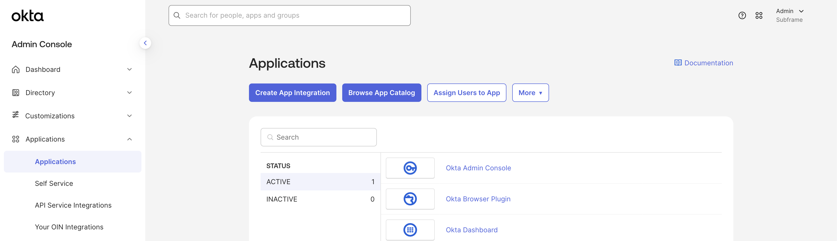 Okta Applications dashboard with Create App Integration button